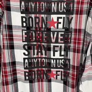 Born‎ Fly Shirt Mens 3XL Red Black White Plaid Button Up Graphic Spell Out